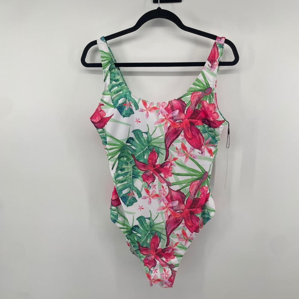 Nicole Miller Studio Swimsuit Women XL White Floral Scoop Back Lagoon NWT